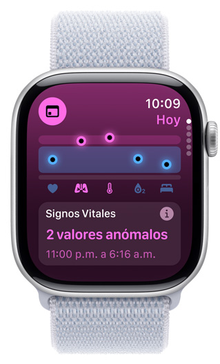 La pantalla de un Apple Watch muestra Signos Vitales Nocturnos con 2 valores atípicos