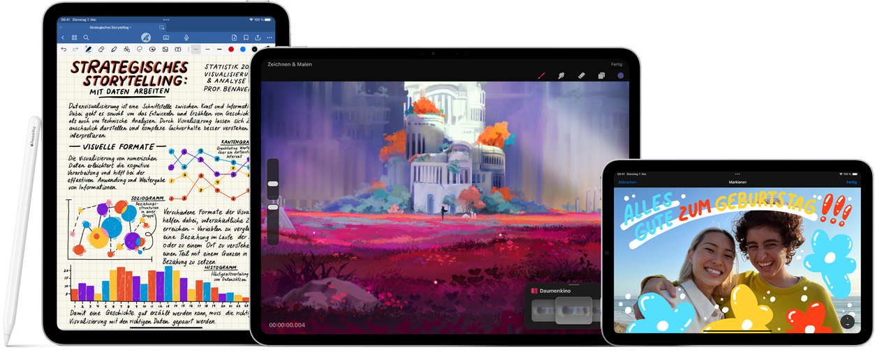 Drei iPad Geräte, Vorderansicht, nebeneinander. Links ein iPad 10. Generation im Hochformat mit dem Apple Pencil 1. Generation. In der Mitte ein iPad Pro im Querformat, das Display zeigt eine farbige Zeichnung, mit oben haftendem Apple Pencil Pro. Rechts ein iPad mini im Querformat mit oben haftendem Apple Pencil 2. Generation. Ein Apple Pencil USB‑C liegt horizontal vor dem iPad Pro und dem iPad mini.