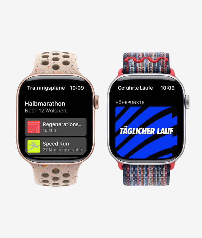 Two Apple Watch devices showing Nike Run Club features including Training Plans and Guided Runs