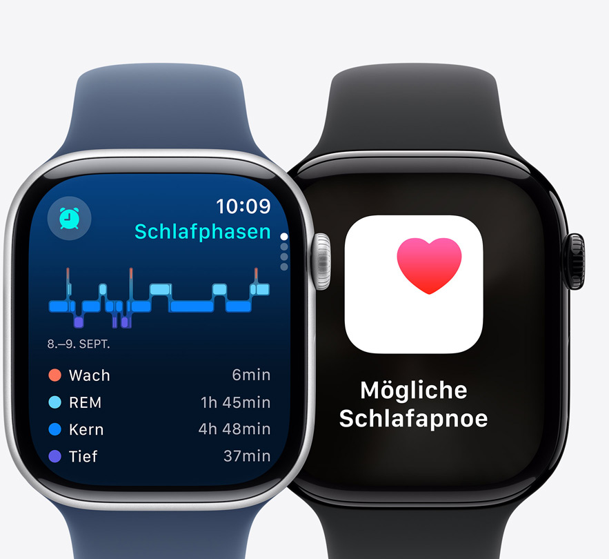 Vorderansicht von zwei Apple Watch Series 10 Geräten mit einem Schlafphasen Display und der Mitteilung „Mögliche Schlafapnoe“.