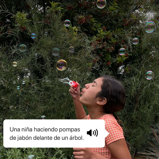 VoiceOver dice qué aparece en una foto y muestra el texto de la descripción: «Una niña haciendo pompas de jabón delante de un árbol».