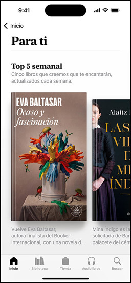 La pantalla de un iPhone muestra la sección Para ti en la app Libros. Se ve el Top 5 semanal