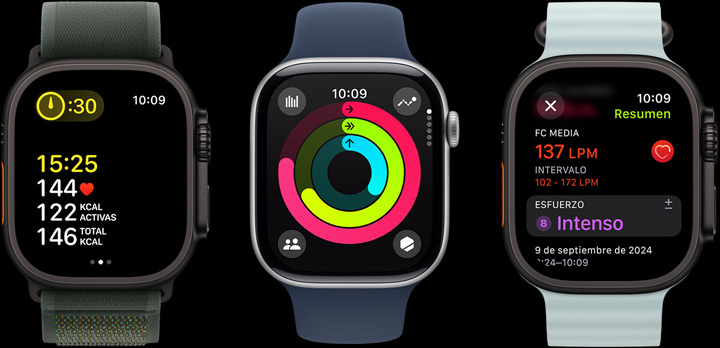 Tres Apple Watch con métricas de entreno, anillos de Actividad y datos tras el ejercicio