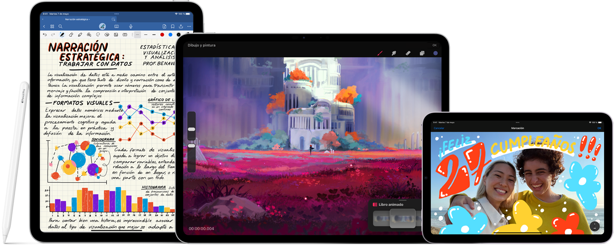 Vista frontal de tres iPad, uno al lado del otro. A la izquierda, vista vertical del iPad de 10.ª generación con un Apple Pencil de 1.ª generación al lado. En el centro, vista horizontal del iPad Pro que muestra un colorido dibujo en la pantalla con un Apple Pencil Pro acoplado en la parte superior. A la derecha, vista horizontal del iPad mini con un Apple Pencil de 2.ª generación acoplado en la parte superior. Delante del iPad Pro y el iPad mini hay un Apple Pencil con USB-C apoyado en horizontal.