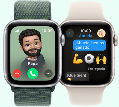 Dos Apple Watch. Uno con una foto de papá llamando. El otro con un mensaje de texto a la abuela que dice «Abuela, hemos ganado el partido».