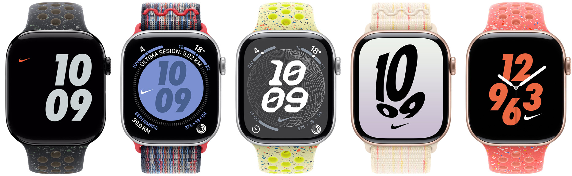 Five Apple Watch devices attached to Nike Sport Bands and Nike Sport Loops, showing Nike watch faces configured in various colors