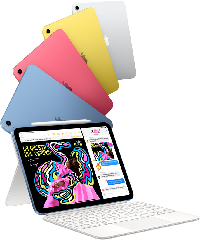 iPad en azul, rosa, amarillo y plata junto a otro iPad acoplado a un Magic Keyboard Folio.