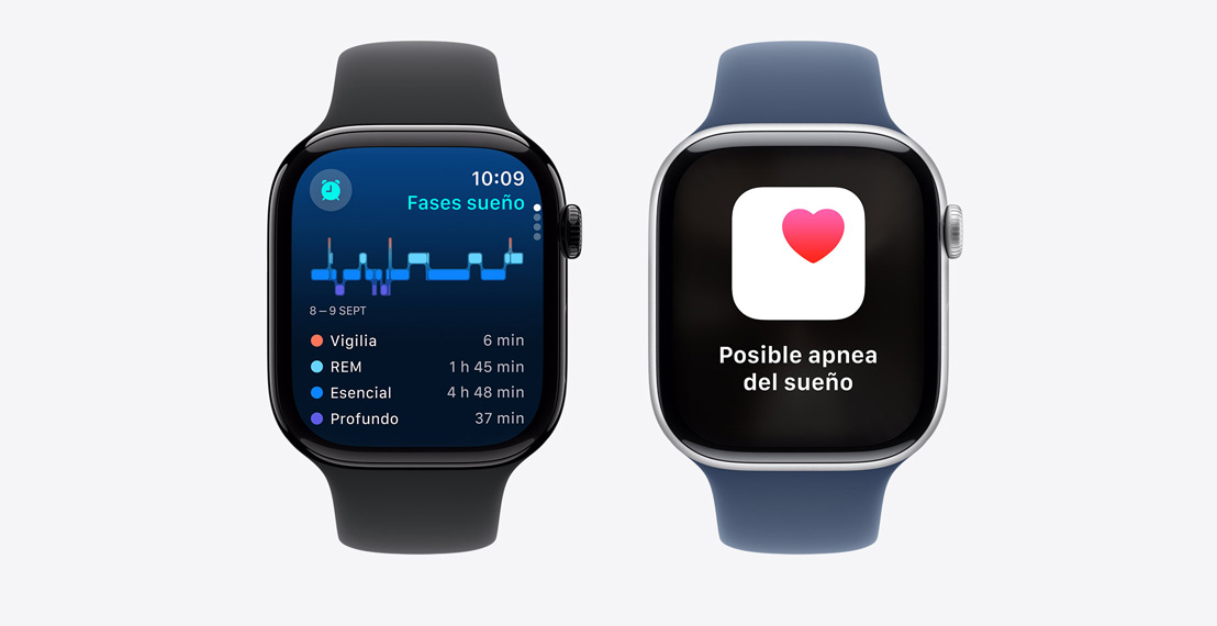 Dos modelos de Apple Watch Series 10, uno con datos de las fases de sueño y otro con una notificación de posible apnea del sueño.