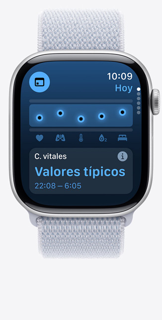 Vista frontal de un Apple Watch Series 10 con la app Constantes Vitales en la pantalla que indica que tus datos de salud nocturnos son normales