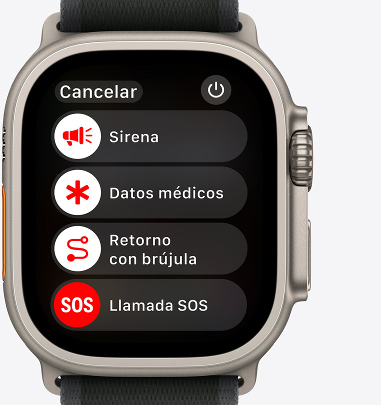 Vista frontal de un Apple Watch Ultra 2 que muestra los botones Sirena, Datos Médicos, Retorno en Brújula y Llamada SOS.