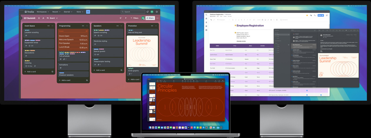 MacBook Pro com dois monitores Studio Display a apresentar o seguinte nos ecrãs: preparação de uma conferência sobre liderança, monitorização de tarefas na app Trello, preparação de uma apresentação e revisão de ficheiros de design por email
