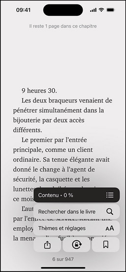 Écran d’iPhone affichant une page de livre dans l’app Livres. Par-dessus la page du livre sont affichées les options d’agrandissement du texte, Rechercher dans le livre, et Thèmes et réglages