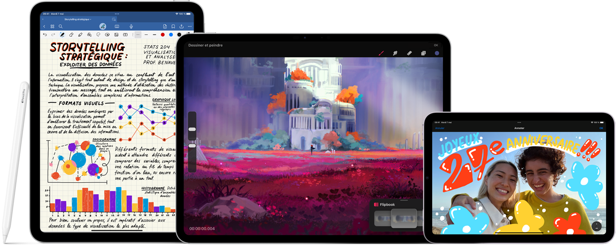 Trois iPad, de face, côte à côte. Sur la gauche, un iPad 10ᵉ génération en orientation portrait avec un Apple Pencil 1ʳᵉ génération. Au milieu, un iPad Pro en orientation paysage affichant un dessin coloré, avec un Apple Pencil Pro fixé au sommet. Sur la droite, un iPad mini en orientation paysage, avec un Apple Pencil 2ᵉ génération fixé au sommet. Un Apple Pencil USB‑C est posé à l’horizontale devant l’iPad Pro et l’iPad mini.