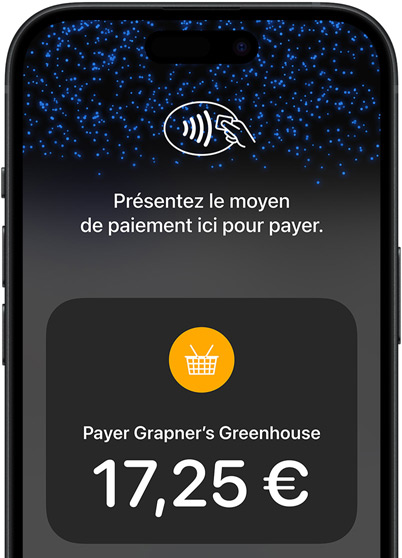 Gros plan de l’écran d’un iPhone sur lequel figurent l’icône de paiement sans contact et les informations relatives à la transaction.
