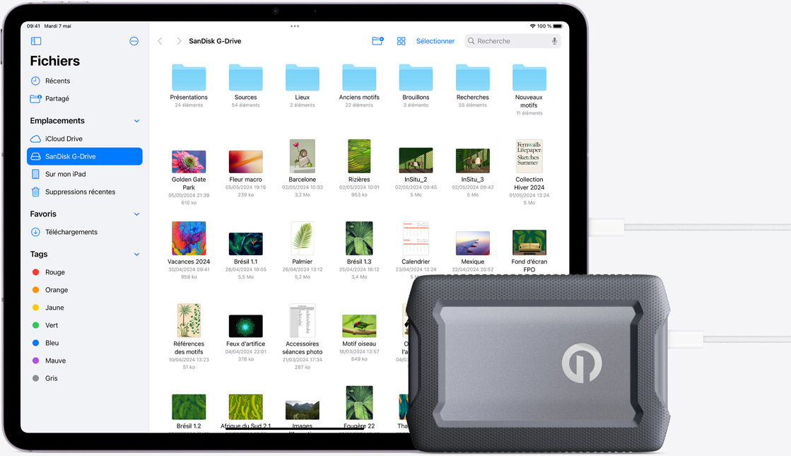 iPad Air connecté à un disque dur externe