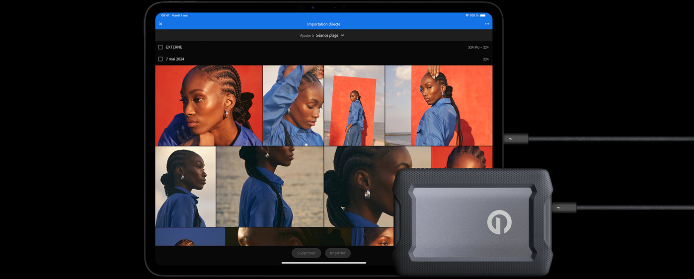 iPad Pro en mode paysage, écran affichant plusieurs photos, disque dur externe devant l’iPad, connecté par un câble