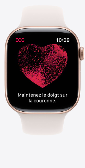 Vue de face de l’app ECG sur une Apple Watch Series 10 affichant une forme d’onde et un compte à rebours à 22 secondes.