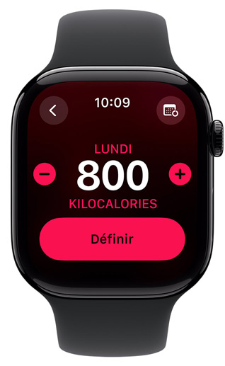 Un écran d’Apple Watch affiche un objectif Bouger de 800 calories.