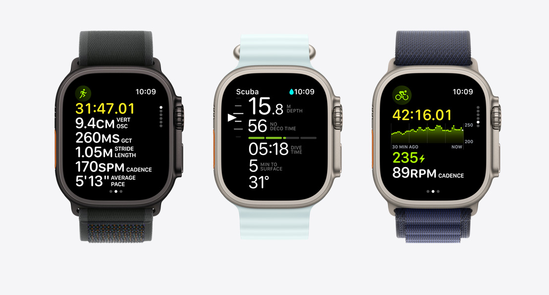 Three Apple Watch Ultra 2 showing fitness metrics. One for running, one for scuba, and one for cycling.