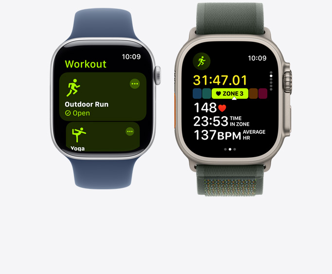 Front view of an Apple Watch Series 10 and Apple Watch Ultra 2 showing a Yoga Workout screen and a Running Workout screen with multiple metrics.