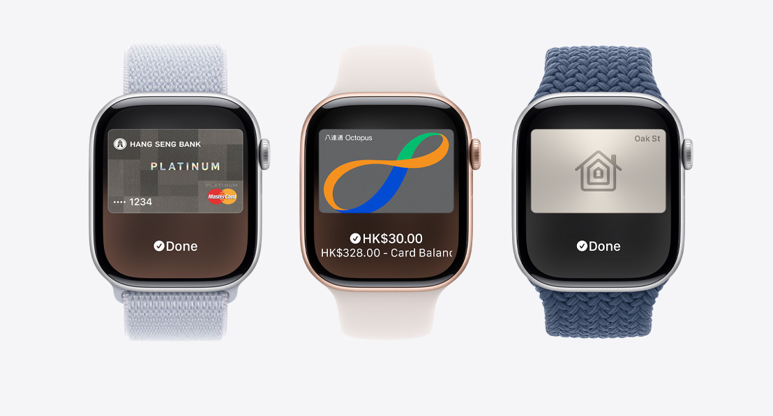 三隻 Apple Watch Series 10。第一隻錶顯示以 Apple Pay 使用信用卡付款。第二隻錶顯示以銀包 app 使用交通卡。第三隻錶顯示以銀包 app 使用家居鎖匙。