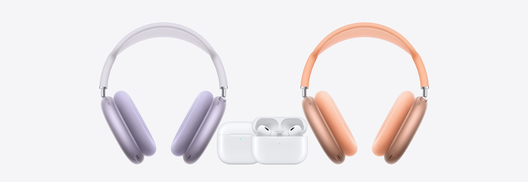 AirPods Max lijevo i desno s AirPods 4 i AirPods Pro 2 u sredini.