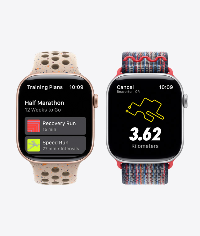 Two Apple Watch devices showing Nike Run Club features including Training Plans and Guided Runs