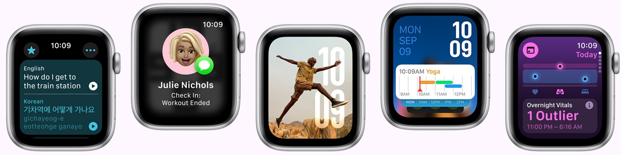 A Fordító app, a Helyzetjelentés app, a Fotók számlap, a Moduláris számlap és a Vitális jelek app öt Apple Watch kijelzőjén.