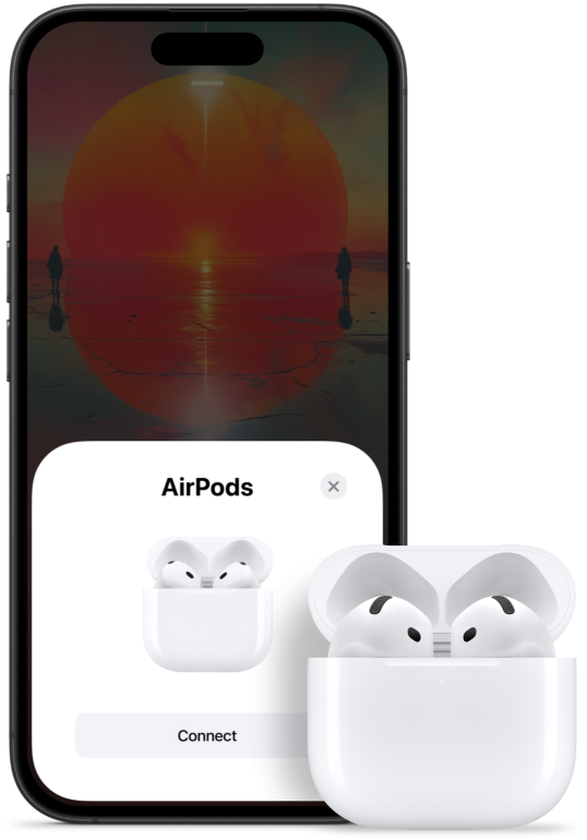 Casing pengisian daya yang terbuka dengan AirPods 4 di dalamnya, di samping iPhone yang menunjukkan bahwa AirPods 4 telah terhubung.