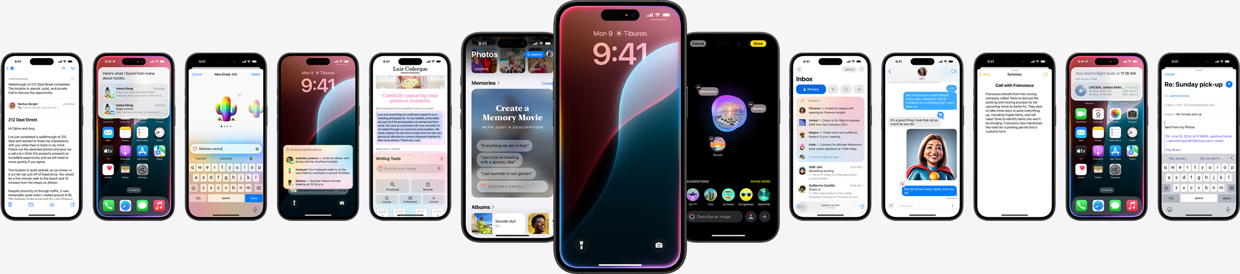 Gambar statis beberapa iPhones yang menampilkan fitur Apple Intelligence.