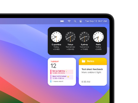Berbagai widget di desktop Mac, termasuk Jam, Kalender, Catatan, dan Cuaca.
