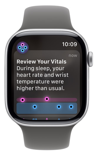 Layar Apple Watch menampilkan peringatan "Review Your Vitals"