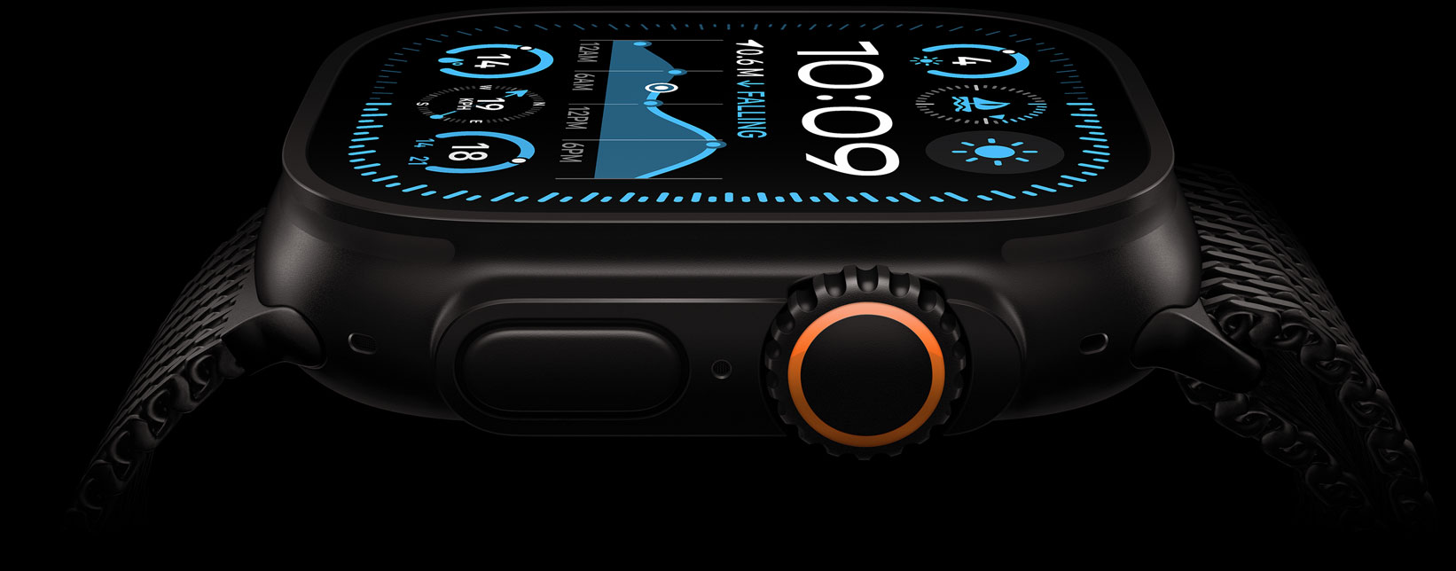 Apple Watch Ultra 2 screen, with a Black Titanium case, displaying time, temperature and live activities.