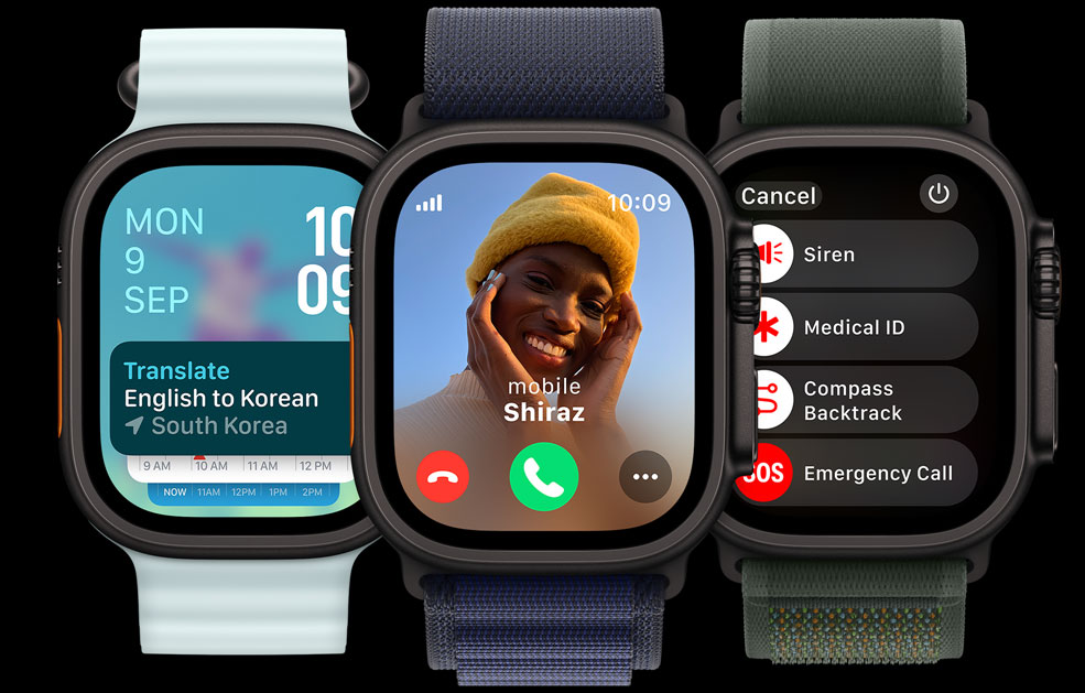 Three Apple Watch Ultra displays. One with the Translate app. Another with an incoming call. And the last with Siren, Medical ID, Backtrack and Emergency call icons.