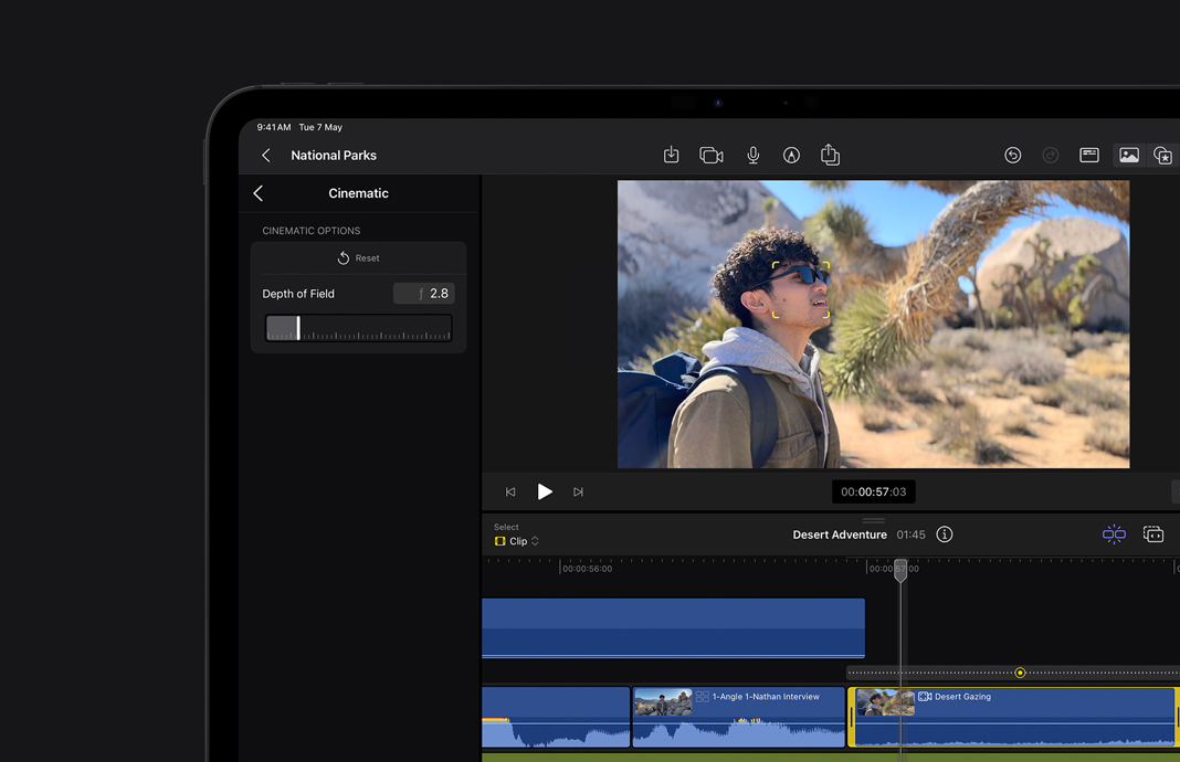 Editing in Final Cut Pro for iPad footage shot in Cinematic Mode on iPhone focused on young man in foreground.