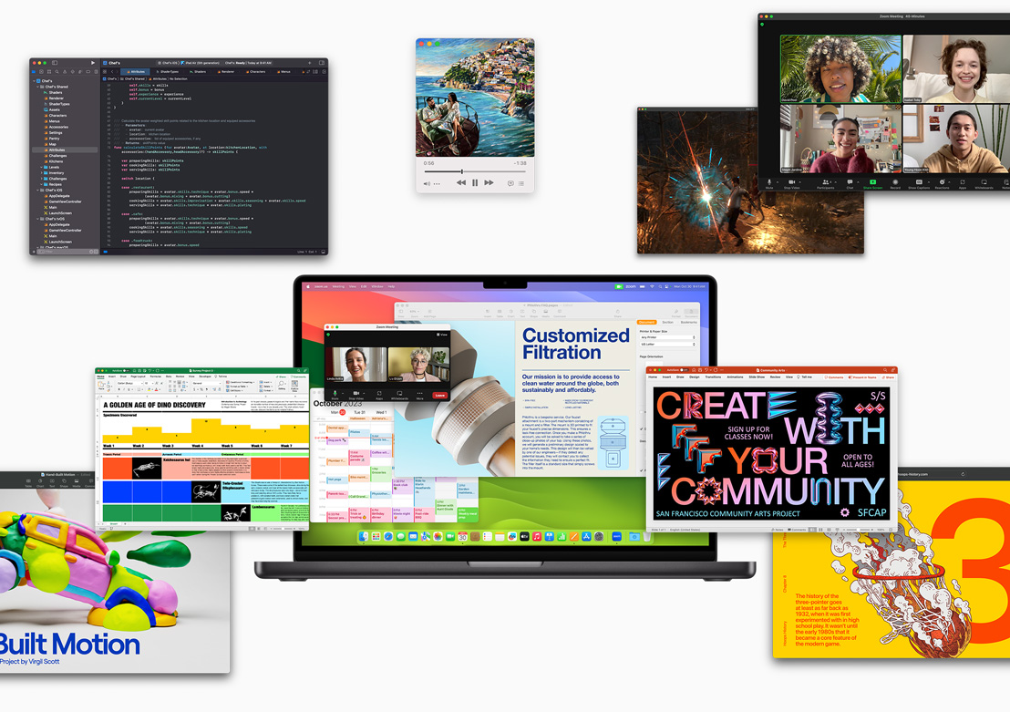 Several screens demonstrate sharp images and productive apps that function on Apple silicon.