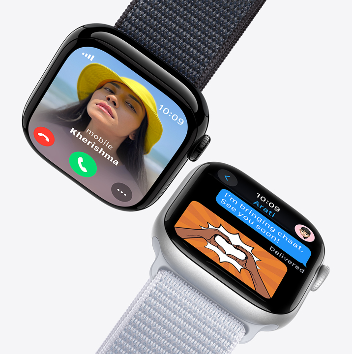 Two Apple Watch screens. The first shows an incoming call. The second shows a text message.