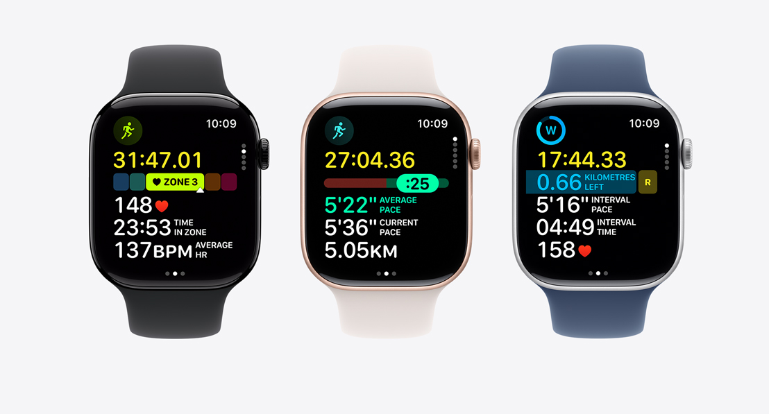 Three Apple Watch Series 10. The first shows Heart Rate Zones in a workout, the second shows Pacer and the third shows a custom workout with intervals.