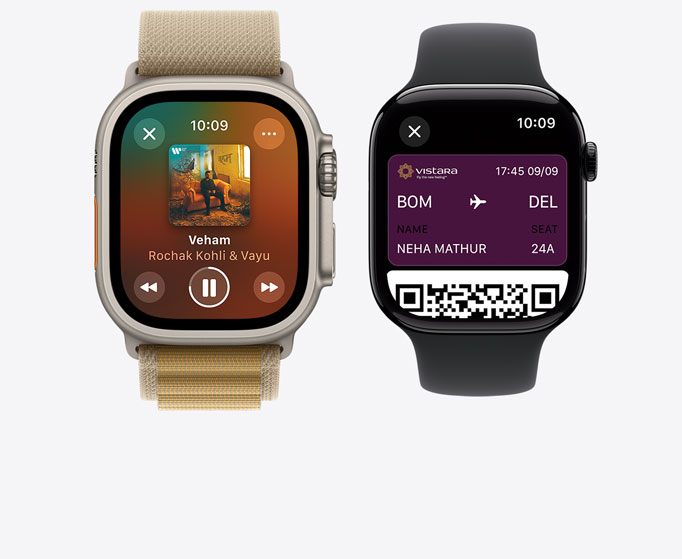 Front view of an Apple Watch Ultra 2 and Apple Watch Series 10 showing music playing and the Apple Card.