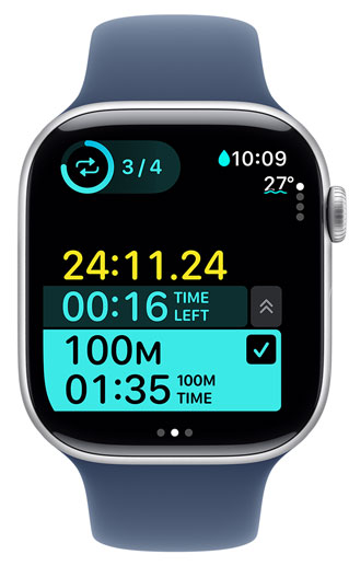 An Apple Watch screen displays the timing of a custom pool swim workout