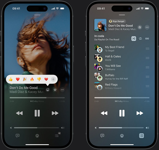 Due iPhone affiancati: quello a sinistra mostra in riproduzione il brano Don’t Do Me Good di Madi Diaz e Kacey Musgraves, e il riquadro di suggerimento delle emoji che propone pollice verso l’alto, cuore, festa, pollice verso il basso e la possibilità di aggiungere un’altra reazione; quello a destra mostra una playlist collaborativa chiamata Playlist On The Road! con diverse canzoni aggiunte da altre persone