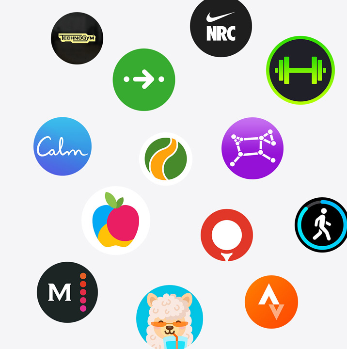 Alcune icone di app per Apple Watch disponibili sull’App Store. ChargePoint, Yelp, Nike Run Club, SmartGym, Calm, NBA, SwingVision, Oceanic+, WeChat, Waterllama, Golfshot, JetBlue e AllTrails