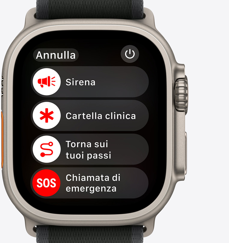 Un Apple Watch Ultra 2 visto da davanti che mostra i pulsanti per attivare le funzioni Sirena, Cartella clinica, Torna sui tuoi passi e Chiamata di emergenza.