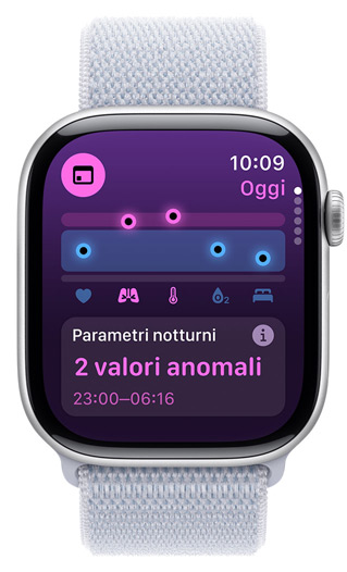 Un Apple Watch che mostra sul display Parametri notturni con 2 valori anomali