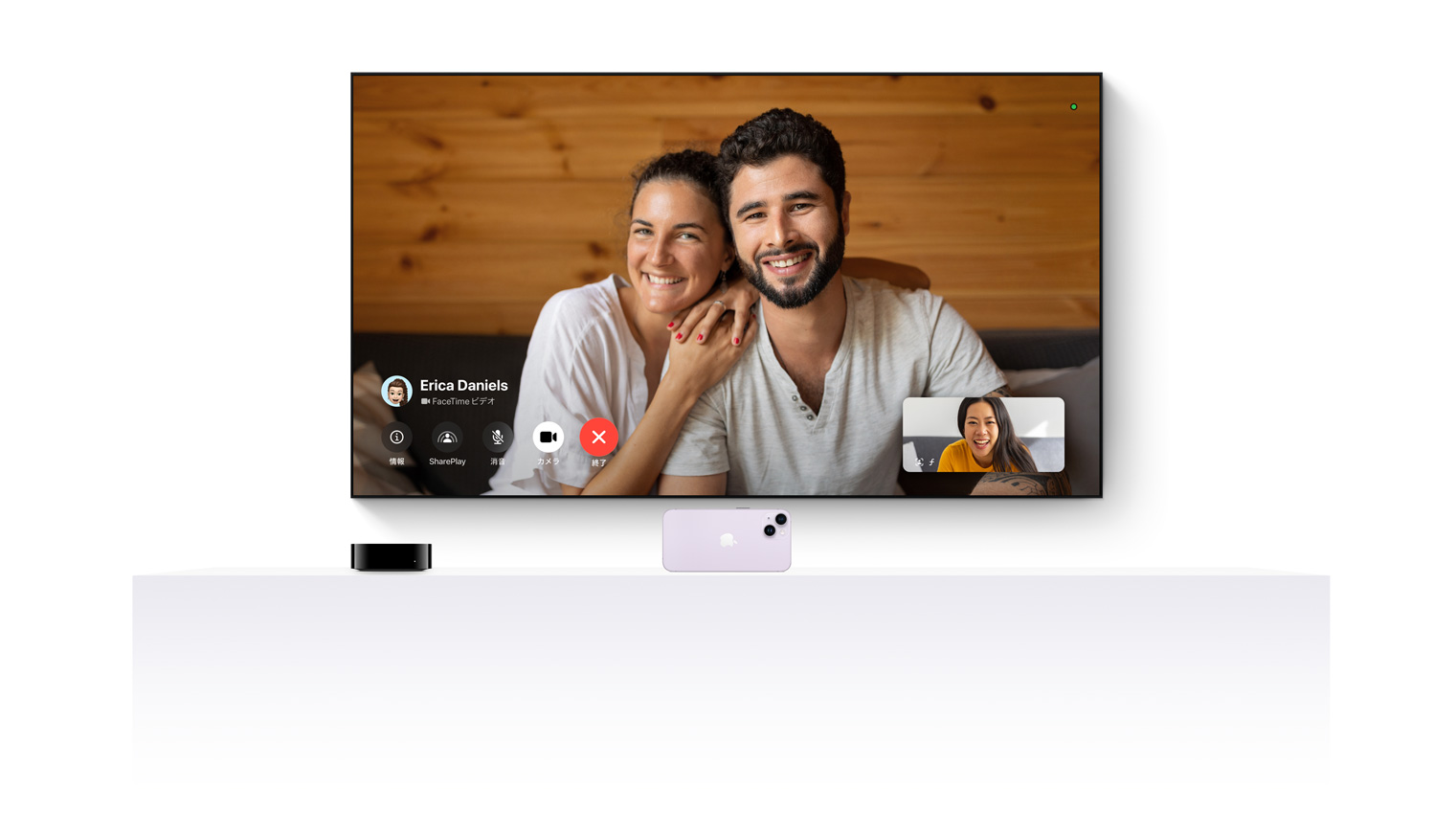 Apple TV 4KとiPhoneが連係し、薄型テレビにFaceTime通話が表示されている