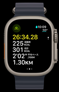 オープンウォータースイミングの時間、カロリー、ペースを表示しているApple Watch Ultra 2。