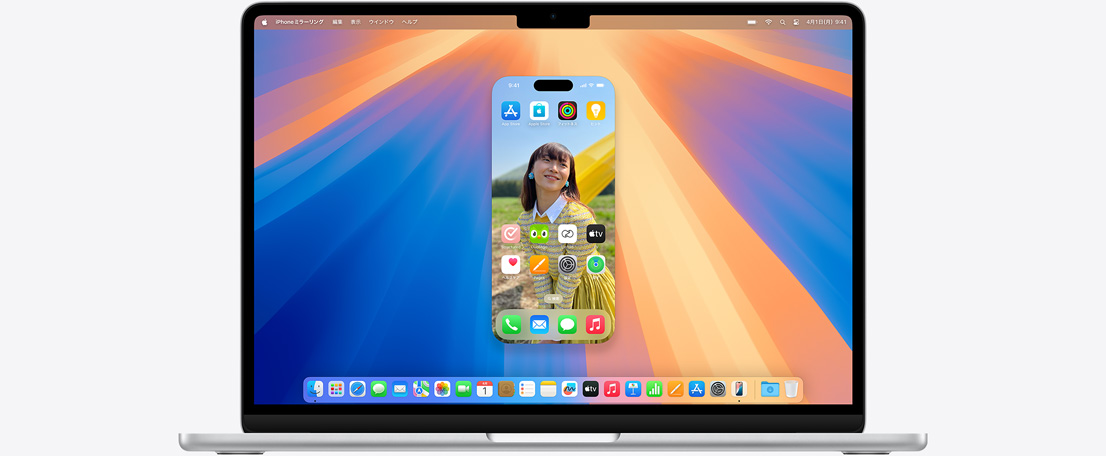 MacBook Airの画面にミラーリングされたiPhoneが表示されている。