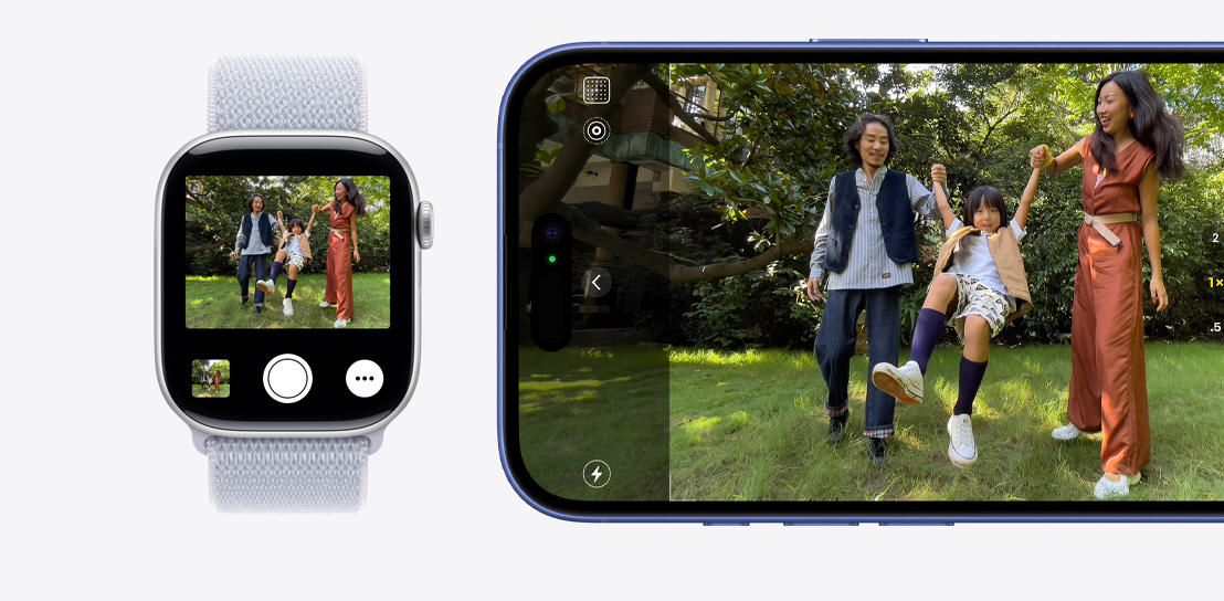 写真撮影中のiPhone 16。Apple Watch Series 10では、iPhone 16で撮影中の画像を確認できるカメラリモートが使用されている。