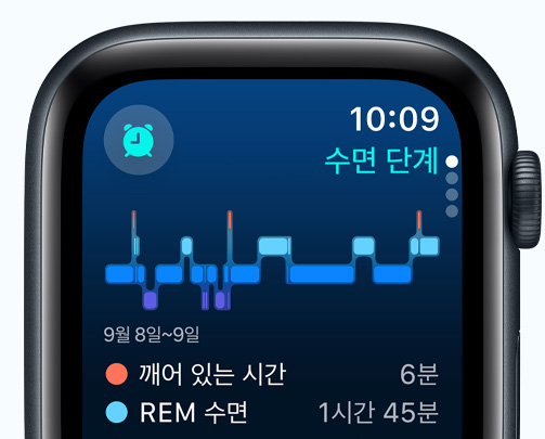 수면 단계, 깨어 있는 시간, REM 수면 시간이 표시된 ‘수면’ 앱 화면