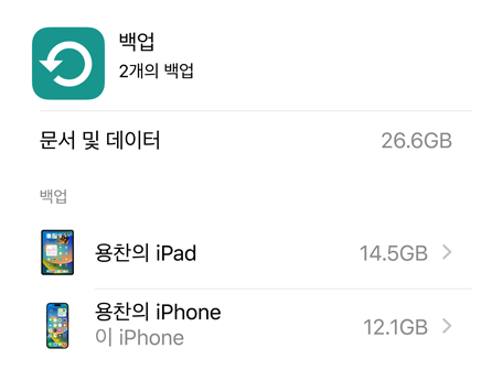 iCloud 백업 데이터 사용량을 보여주는 화면